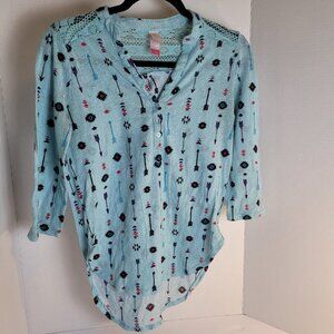 No Boundaries Juniors Blue (Aztec) Crochet Arrows Printed Blouse Tunic M(7-9)